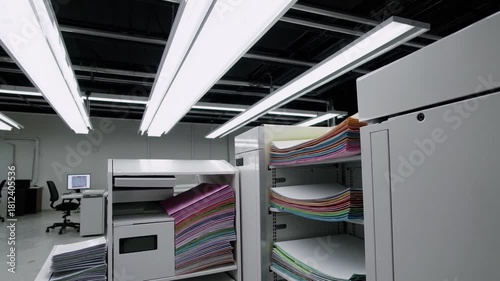 Office print room showcases colorful paper supplies and organized workspace for efficient printing tasks