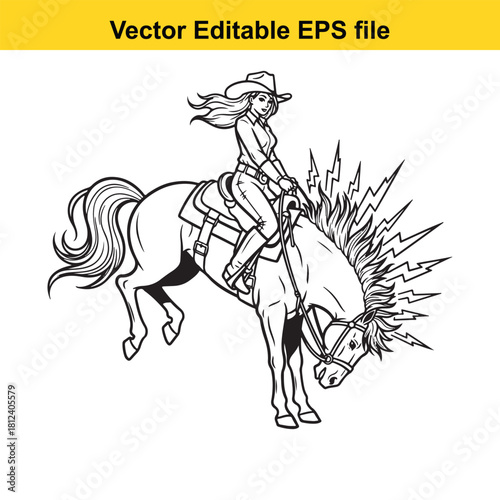Black and white line art vector illustration of a cowgirl riding a bucking wild horse with lightning effect around its head, isolated on