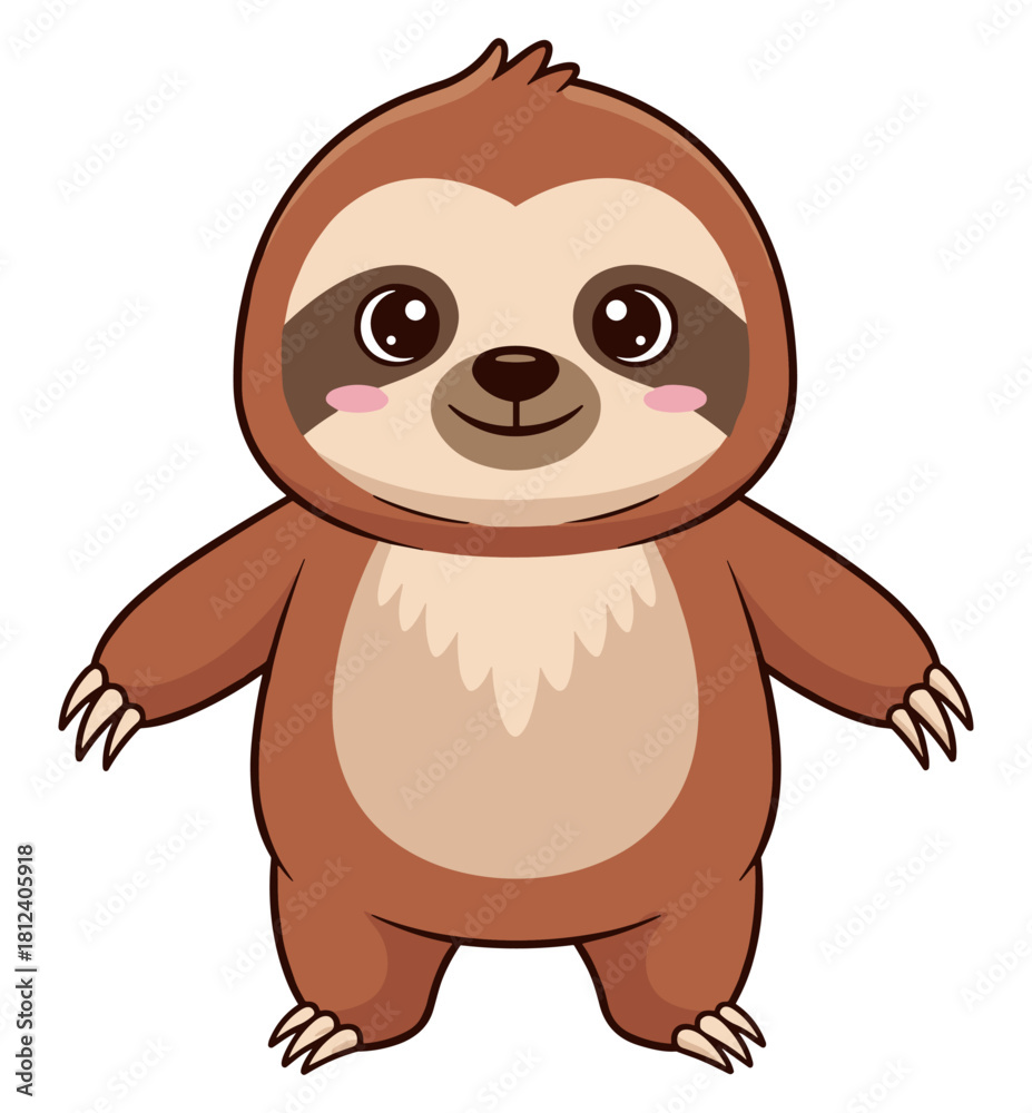 Fototapeta premium Cartoon sloth standing upright, cute animal character with blush cheeks, brown and beige fur, friendly pose, white background