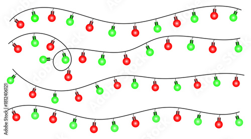 Red and green glowing string light bulbs hanging on curved black cables in a transparent background illustration for lighting decoration