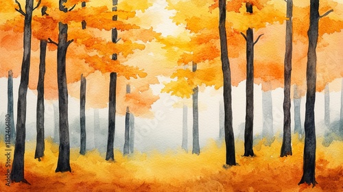 Watercolor Autumn Forest Golden Canopy, Misty Trees, Fall Scenery, Autumn, Watercolor painting
