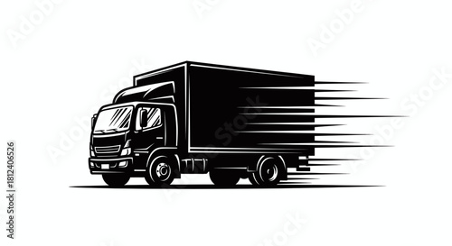 Black and white illustration of a fast moving delivery truck isolated on