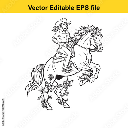 Outline drawing of a cowgirl wearing a cowboy hat riding a rearing horse decorated with roses, isolated on