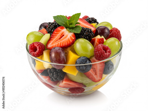 Vibrant mixed fruit salad with fresh berries, juicy mango, grapes, and mint in a glass bowl, perfect for healthy eating and summer recipes