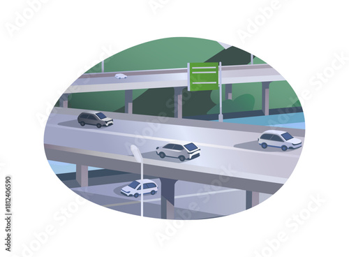 City landscape with road junction. Modern highway interchange with traffic of cars. Driving automobiles on roadway overpass, driveway bridge. Flat isolated vector illustration on white background
