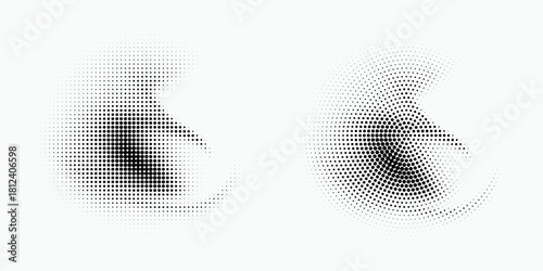 Halftone circle dotted frame circularly distributed set. Abstract dots logo emblem design element. Round border Icon using random halftone circle dot texture. Half tone circular background pattern.