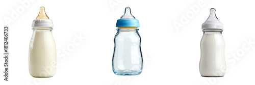 Set of Full glass baby bottle with measurement markings, milk visible inside on transparent png background. Ai generated
