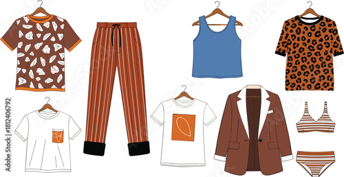 Fashion clothing flat sketches, trendy apparel design set, shirt and bikini vector, stylish garment mockup collection, flat vector illustration