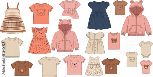Children’s clothing collection, bear-themed kidswear, baby fashion flat sketches, toddler apparel design, cute hoodie and onesie set, flat vector illustration