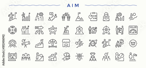 Aims modern icon set. Collection of simple line web icons. Pack of goals, target, business, success, grow, strategy. Vector illustration in modern line style. Achieve icon set.