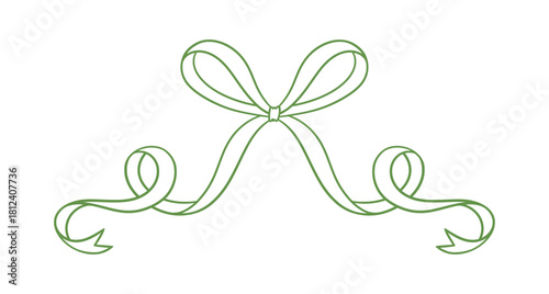 Coquette bow green, thin line drawing. Hand drawn illustration of whimsical tied ribbon. Wedding, birthday gift sketch in retro style. Cute girly vector illustration. Doodle lace.