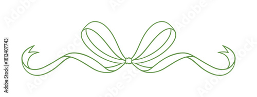 Coquette bow green, line drawing. Hand drawn illustration of vintage tied ribbon. Romantic design. Wedding, birthday gift, retro style. Girly hairstyle accessories, vector illustration. Doodle lace.