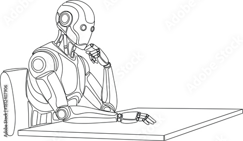 Futuristic robot illustration, humanoid machine, AI concept, black and white line art, thoughtful pose, mechanical design, minimalist sketch, technology