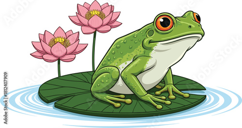 frog, cartoon, lily pad, lotus, water, nature, green, amphibian, cute, illustration, animal, pond, ripple, flower, pink, aquatic, character, vibrant, kids, wildlife