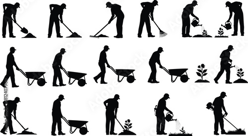 Gardening activity sequence, silhouette icons, planting, watering, wheelbarrow, soil preparation, plant growth, outdoor work, garden care, black figures