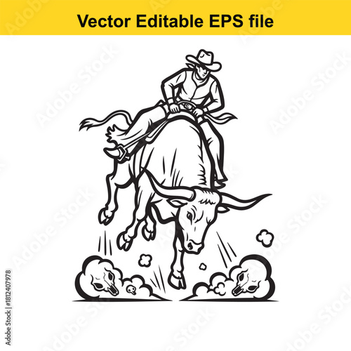 Black and white line art vector illustration of a cowboy riding a bucking bull during a rodeo competition, isolated on