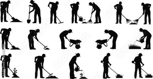 Gardening silhouette icons, outdoor work, shovel, rake, watering can, planting, spraying, wheelbarrow, grass trimming, garden tasks, black figures