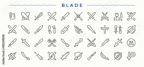 Blade linear icon set. Contains outline symbols like sharp, knife, sword, medieval, blade and more. Saber icon set. Minimalist vector collections. Editable stroke vector art.