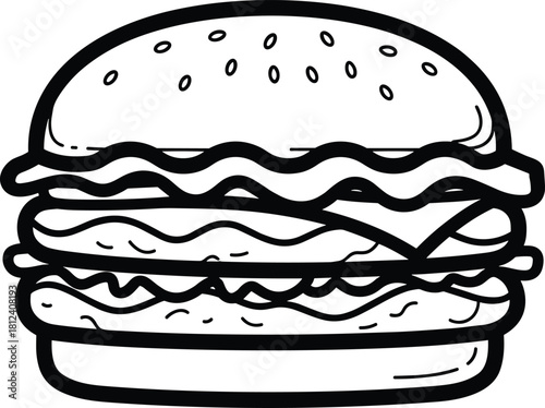 Hamburger line drawing, black and white, food illustration, layered burger, sesame bun, cheese slice, lettuce, tomato, beef patty, coloring page