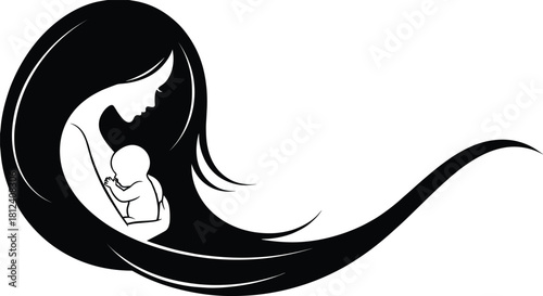 Mother, baby, love, care, protection, minimalist, black and white, vector, illustration, emotional, nurturing, motherhood, bond, art, stylized, flowing lines, profile, cradle, expressive, maternal