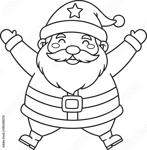 Santa Claus cartoon, festive drawing, holiday character, black and white, Christmas theme, joyful pose, coloring page, seasonal art, winter celebration, kids activity