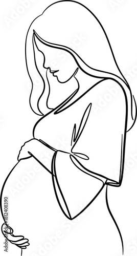 Minimalist line drawing, pregnant woman, maternity theme, expecting mother, belly cradle, motherhood concept, prenatal care, calm emotion, vector art, family love