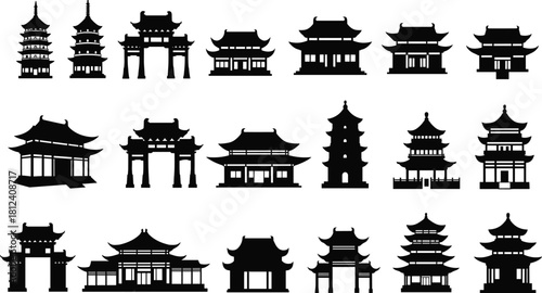Traditional East Asian architecture silhouettes, pagodas, temples, torii gates, cultural heritage, black vector icons, historic roof styles, minimalist design, illustration