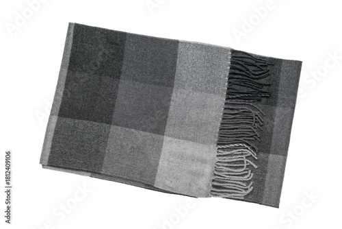 Cozy Gray and Black Plaid Wool Blanket Folded with Fringe Detail on Transparent Background