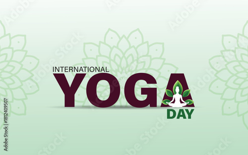international yoga day. yoga body posture. Woman practicing yoga in lotus position with typography of YOGA. vector illustration design.
