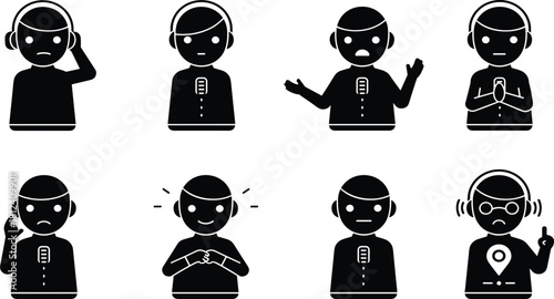 AI assistant robot emotion icons showing various gestures, communication reactions, headphone chatbot expressions, digital helper moods, voice interaction symbols