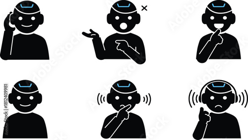 AI robot emotion icons showing expressive gestures, digital assistant reactions, chatbot communication symbols, facial expression set for technology interaction illustrations