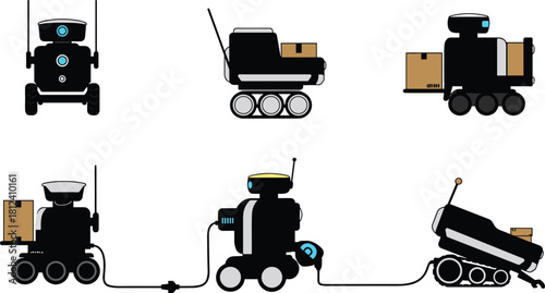 Autonomous delivery robots transporting packages, charging, and performing logistics tasks with wheels and tracks in modern futuristic technology illustration design