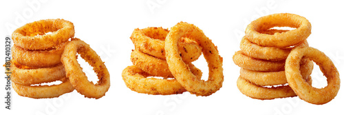 Set of showing golden fried onion rings stacked beside a ramekin of creamy sauce on transparent png background. Ai generated