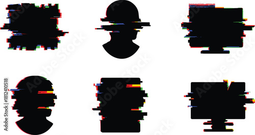 Glitch distorted silhouette icons set with digital noise effect, cyber error aesthetic, pixel interference, technology malfunction design, abstract glitch art