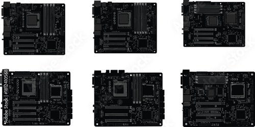 High detail black motherboard circuit board set, electronic hardware components, digital technology background, computer repair parts, tech engineering PCB illustration