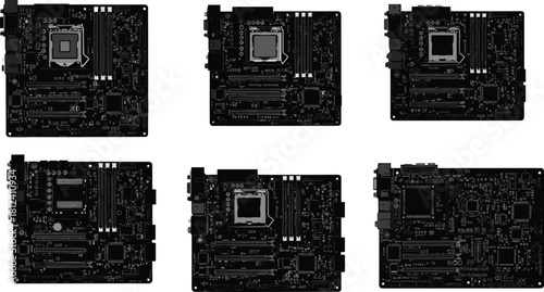 High detail computer motherboard collection, electronic circuit boards, technology hardware layout, digital components, PC parts, tech background, engineering design illustration