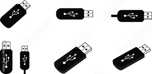 USB flash drive icons set, digital storage devices, black USB stick illustration, modern data transfer symbols, portable memory technology graphic collection