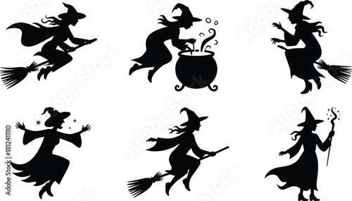 witch,silhouette,halloween,magic,broomstick,cauldron,witchcraft,fantasy,spooky,enchanted,spellcasting,character,illustration,flying,mystical,creature,costume,art,design,set