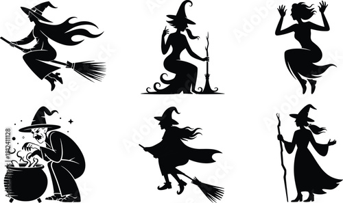 witch,silhouette,halloween,magic,broomstick,cauldron,witchcraft,fantasy,spooky,enchantress,spellcasting,character,illustration,flying,creepy,mystical,traditional,costume,art,design