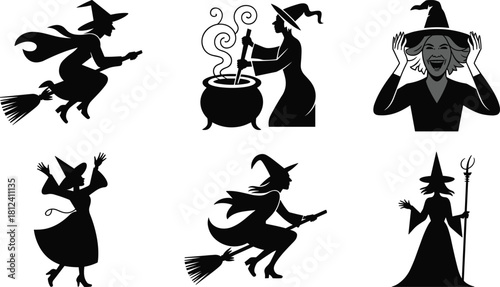 witch,silhouette,magic,broomstick,cauldron,halloween,fantasy,spell,witchcraft,enchantress,flying,casting,brew,mystical,character,celebration,costume,traditional,icon,illustration