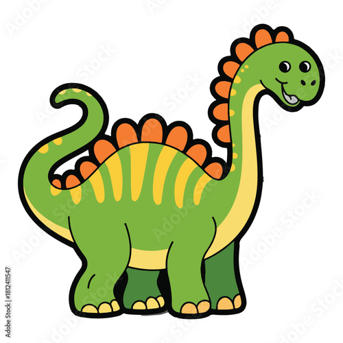 Green Cartoon Sauropod Dinosaur with Yellow Stripes and Orange Spikes – Friendly Kids Illustration