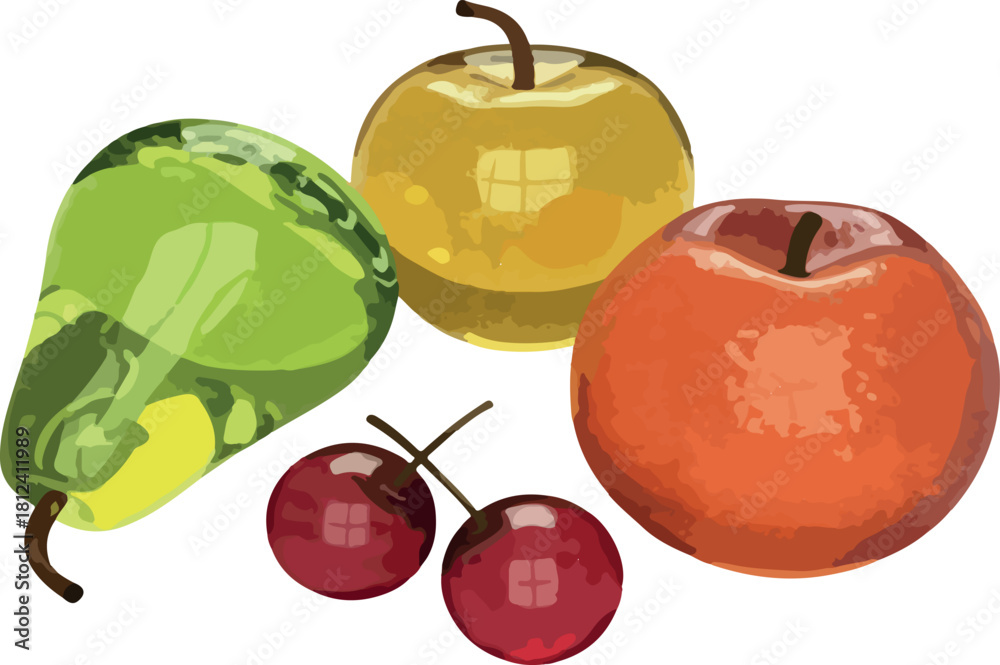 Obraz premium Vibrant Glass Fruit Still Life | Colorful Pear, Apple, Cherries Illustration for Food Art, Kitchen Decor and Healthy Eating Concepts