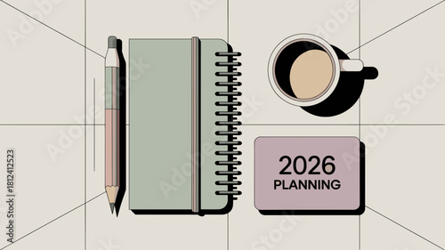 Notebook, pencil, coffee cup, and a planning card displayed on a desk