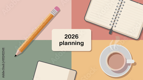 Aesthetic planning still life with pencil, notebook, and a cup of coffee.