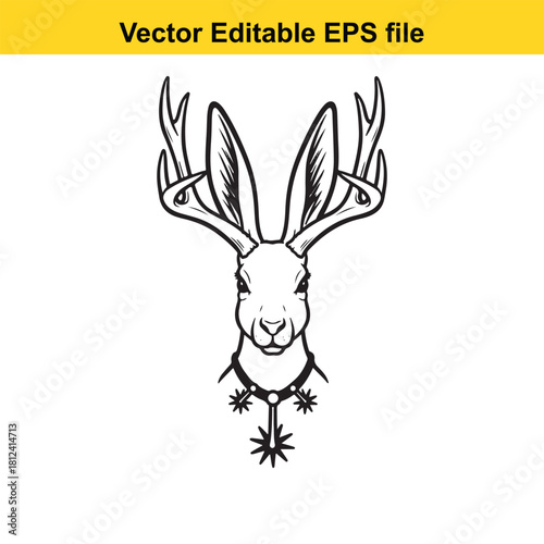 Black and white vector illustration of a jackalope head with antlers and a decorative spur necklace, isolated on