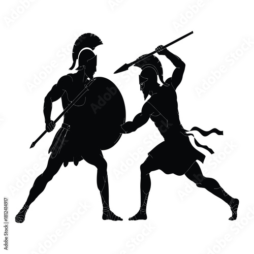 Silhouette illustration of two ancient greek warriors engaged in a dramatic spear and shield combat