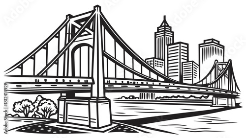 Pittsburgh Three Bridges Skyline – Bold Line Art Design Featuring Iconic Steel City Landmarks and Modern Minimal Aesthetic