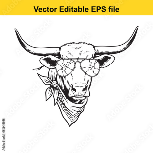 Cool texas longhorn steer head wearing cracked sunglasses and a bandana, vector illustration, isolated on