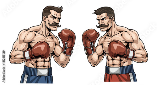 Two boxers with prominent mustaches and boxing gloves face off against each other in a boxing stance.