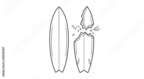 Line art illustration of a complete surfboard next to a broken surfboard with pieces flying off.